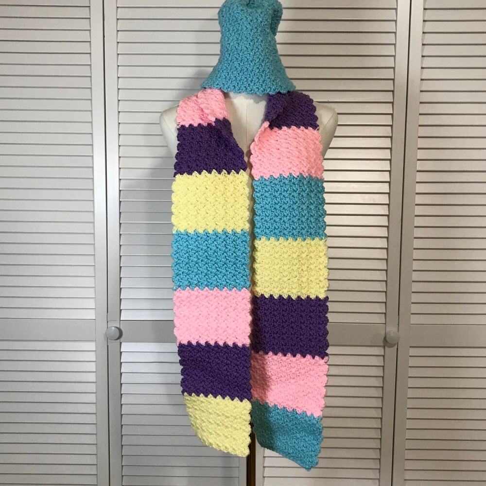 NWT Handmade Crochet Textured Winter Pastel Theme Scarf 67” & Beanie